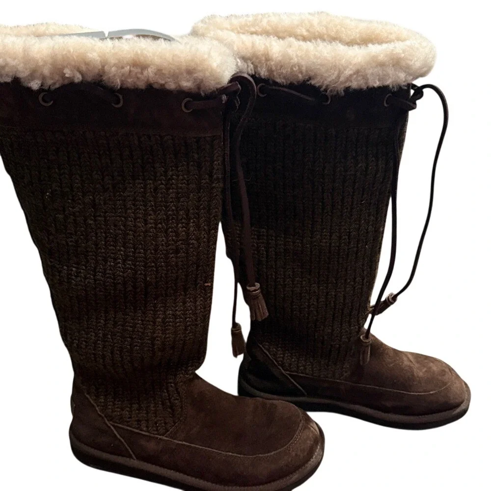 UGG Suburb Crochet Tall Women 7 Espresso  Suede‎ Knit Boots 5733